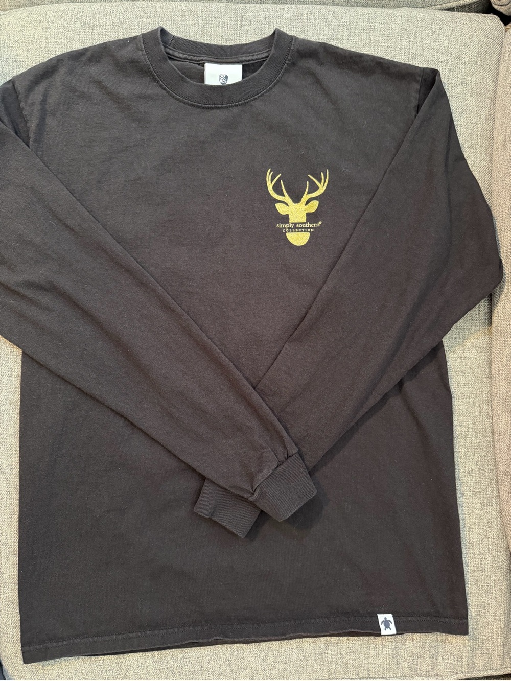 Simply Southern Black Long-Sleeve Tee with Gold Sparkly Deer Logo size Medium